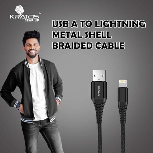 Kratos Usb To Lightning 3A Fast Charging Braided Cable Compatible With Iphone 14, 13, 12, 11, X, 8, 7, 6, 5, Ipad, Macbook, Imac, Airpods, 480Mbps Data Sync, 1.3Meter Long, Black