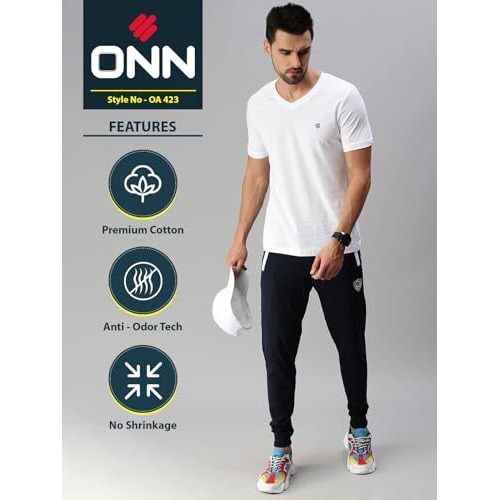 Onn Men's White Half Sleeves V Neck T-Shirt(Size  Large)
