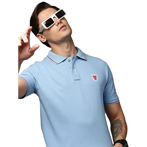 Onn Uk Classic Men's Blue Mist Premium Combed Cotton Polo Collar Half Sleeves Solid T-Shirt | Polo T-Shirt With Face Mask (Size  Large)