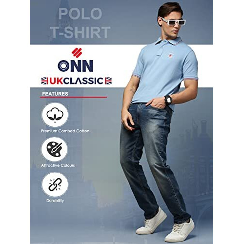 Onn Uk Classic Men's Blue Mist Premium Combed Cotton Polo Collar Half Sleeves Solid T-Shirt | Polo T-Shirt With Face Mask (Size  Large)