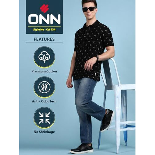 Onn Men's Pack Of 1 Black Regular Fit Polo Neck Half Sleeves Printed T-Shirt (Size  Large)