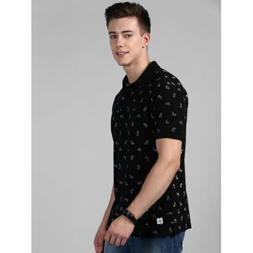 Onn Men's Pack Of 1 Black Regular Fit Polo Neck Half Sleeves Printed T-Shirt (Size  Large)