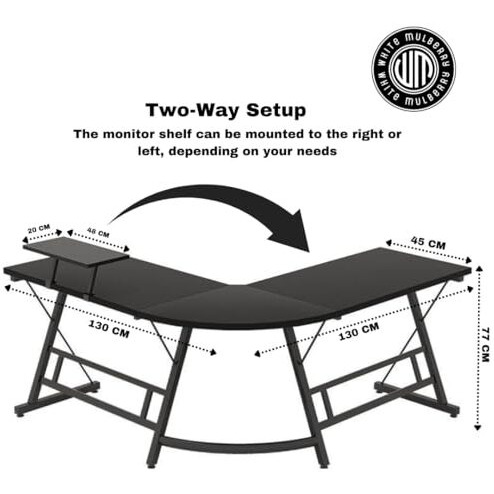 White Mulberry L-Shape Corner Desk |Diy Assembly| Monitor Raising Shelf | Engineered Wood & Sturdy Steel Leg|Perfect For Office Home Gaming Study Desk Computer Table|L(130+130)*45 * 77Cm|Carbon Fibre