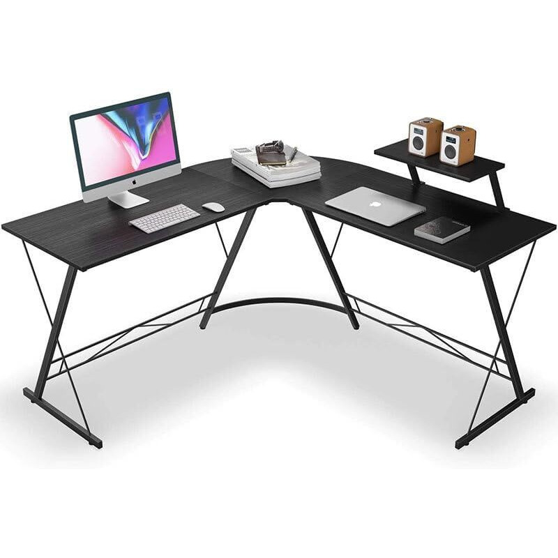 White Mulberry L-Shape Corner Desk | Monitor Raising Shelf | Made Of P2 Grade Melamine Particle Board & Sturdy Steel Leg | Suitable For Office, Home, Gaming, Streaming | Black |L(130+130)*B45*H77Cm