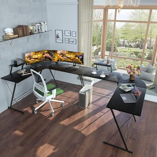White Mulberry L-Shape Corner Desk | Monitor Raising Shelf | Made Of P2 Grade Melamine Particle Board & Sturdy Steel Leg | Suitable For Office, Home, Gaming, Streaming | Black |L(130+130)*B45*H77Cm