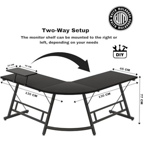 White Mulberry L-Shape Corner Desk | Monitor Raising Shelf | Made Of P2 Grade Melamine Particle Board & Sturdy Steel Leg | Suitable For Office, Home, Gaming, Streaming | Black |L(130+130)*B45*H77Cm