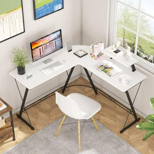 White Mulberry L-Shape Corner Desk |Diy Assembly| Monitor Raising Shelf | Engineered Wood & Sturdy Steel Leg|Perfect For Office Home Gaming Study Desk Computer Table|L(130+130)*45 * 77Cm|White