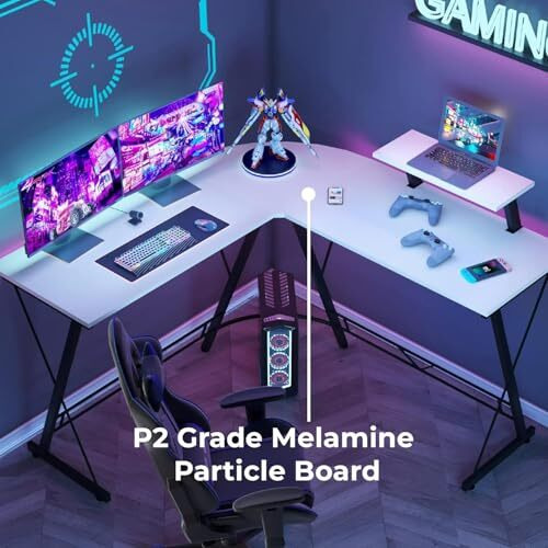 White Mulberry L-Shape Corner Desk |Diy Assembly| Monitor Raising Shelf | Engineered Wood & Sturdy Steel Leg|Perfect For Office Home Gaming Study Desk Computer Table|L(130+130)*45 * 77Cm|White