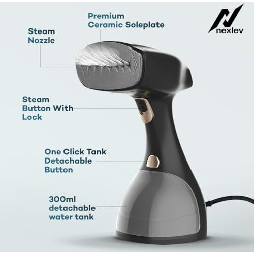 Nexlev Handheld Garment Steamer |1500 Watts | 25 G/Min | 300 Ml|Vertical & Horizontal Ironing For Silk Velvet & Festive Clothes|Damage Free Steam For All Cloth Types|25Sec Quick Heat |3 Brushes|Gs-02