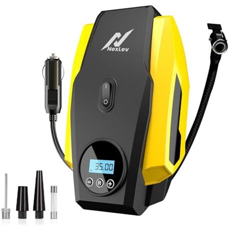 Nexlev Portable Tyre Inflator For Car, Bike, Cycle|150 Psi Pressure| 120 Watt Air Pump|12V Car Plug| Digital Display| Auto Shut-Off| Emergency Led Light| 3M Cord| 3 Air Nozzles| Compact| Aer Ti-02