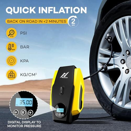 Nexlev Portable Tyre Inflator For Car, Bike, Cycle|150 Psi Pressure| 120 Watt Air Pump|12V Car Plug| Digital Display| Auto Shut-Off| Emergency Led Light| 3M Cord| 3 Air Nozzles| Compact| Aer Ti-02