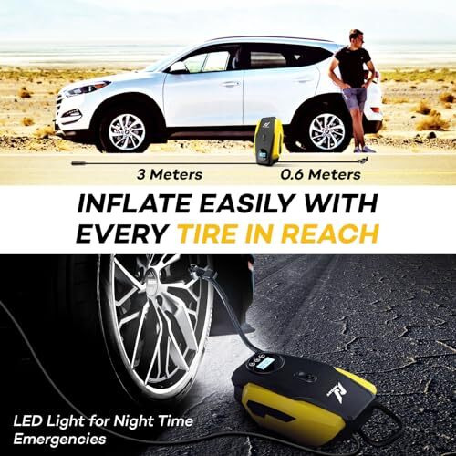 Nexlev Portable Tyre Inflator For Car, Bike, Cycle|150 Psi Pressure| 120 Watt Air Pump|12V Car Plug| Digital Display| Auto Shut-Off| Emergency Led Light| 3M Cord| 3 Air Nozzles| Compact| Aer Ti-02