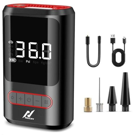 Nexlev Cordless Tyre Inflator For Cars & Bikes|150 Psi| 2X2000 Mah Powerbank| Type-C Port| 5 Pre Set Mode|Auto Shut-Off |Digital Display| Led Light | Multiple Nozzles| Aer Pro Tic-03