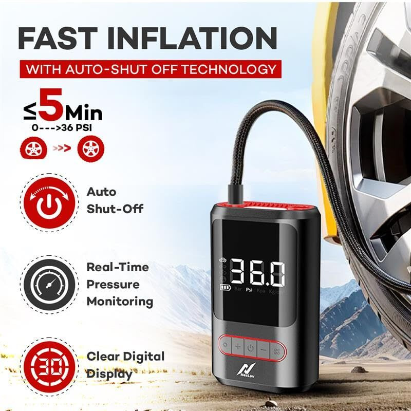 Nexlev Cordless Tyre Inflator For Cars & Bikes|150 Psi| 2X2000 Mah Powerbank| Type-C Port| 5 Pre Set Mode|Auto Shut-Off |Digital Display| Led Light | Multiple Nozzles| Aer Pro Tic-03