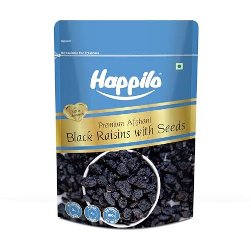 Happilo Premium Afghani Black Raisins With Seeds 250G, Rich In Fiber, Antioxidants, Gluten Free, Zero Cholesterol