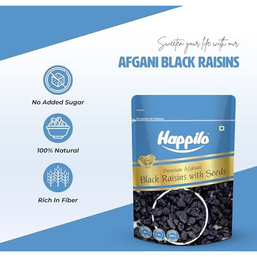 Happilo Premium Afghani Black Raisins With Seeds 250G, Rich In Fiber, Antioxidants, Gluten Free, Zero Cholesterol