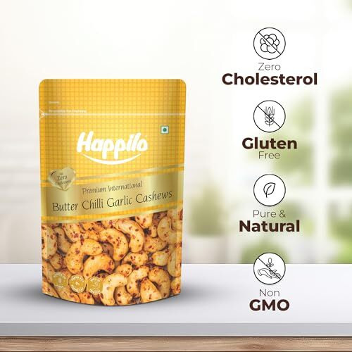 Happilo Premium International Butter Chilli Garlic Cashew 160G | Essential Nutrients Like Protein | Fiber | Healthy Fats | Perfect For Spice Lovers Remium Spicy Roasted Masala Cashew Nuts/Kaju Dry Fruit | Protein & Fiber Rich Chili Cashews| Crunchy Snack | No Artificial Colors, Flavors, Preservatives