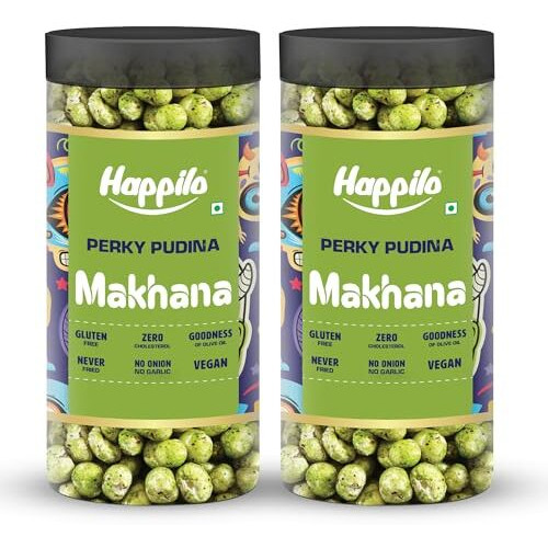 Happilo Makhana Perky Pudina Jar 80G (Pack Of 2), Roasted Foxnut Healthy Snack Low Calorie Gluten Free And Vegan