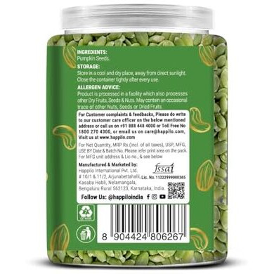 Happilo Premium Pumpkin Seeds All Natural Jar 900G, Essential Nutrients Like Protein, Fiber And Healthy Fats, Wholesome And Versatile Snack