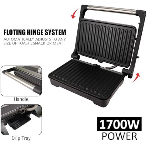 Ibell Sm1700G Sandwich Maker With Floating Hinges, 1700Watt, 180 Degree Openable Plates For Grill/Toast, Temperature Control Knob (Black)