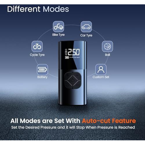 Ibell Ti1070M Wireless Tyre Inflator, 60Watts, 4000Mah Rechargeable Battery, 2X Inflation Speed, Type C, Smart Preset Modes For Car/Motorbike (Black)