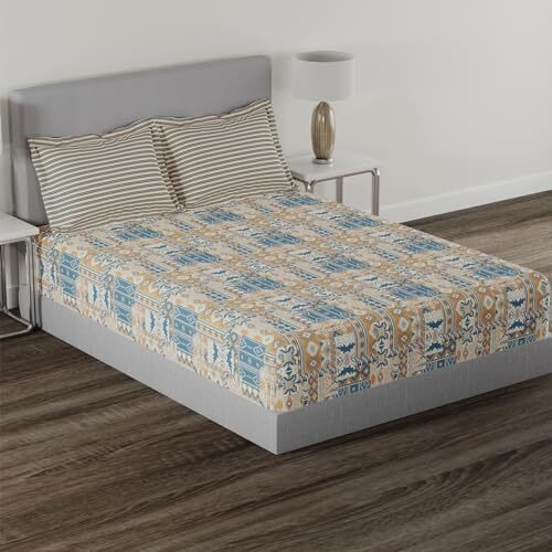Trident Carnival Queen 3-Piece Bedsheet Set, 100% Cotton, Double Bed (1 Queen Size Sheet With 2 Pillow Covers) Superior Softness, Luxurious Finish-Killim Orange, 144 Tc