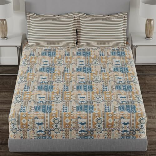 Trident Carnival Queen 3-Piece Bedsheet Set, 100% Cotton, Double Bed (1 Queen Size Sheet With 2 Pillow Covers) Superior Softness, Luxurious Finish-Killim Orange, 144 Tc