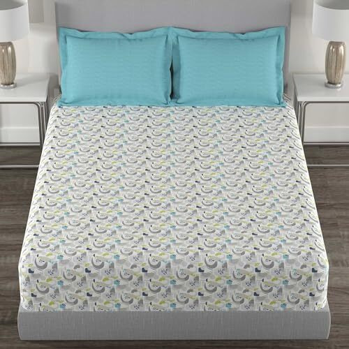 Trident Bedsheet Set - Home, 100% Cotton, Bedsheet For Double Bed (1 Queen Size Bedsheet With 2 Pillow Covers) Superior Softness, 144 Thread Count - Jun Turquoise