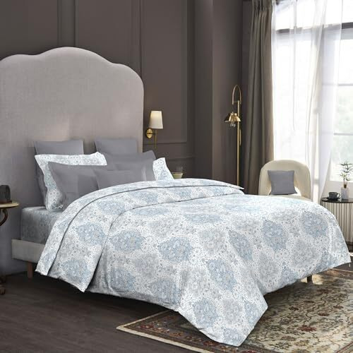 Trident Nectarsoft King Size Bedsheet, 100% Cotton Bedsheet For Double Bed, 5-Piece Set (1 Bedsheet With 4 Pillow Covers) Superior Softness, 400 Thread Count, Luxurious Finish - Bernice Blue