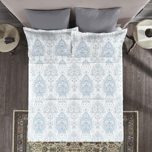 Trident Nectarsoft King Size Bedsheet, 100% Cotton Bedsheet For Double Bed, 5-Piece Set (1 Bedsheet With 4 Pillow Covers) Superior Softness, 400 Thread Count, Luxurious Finish - Bernice Blue