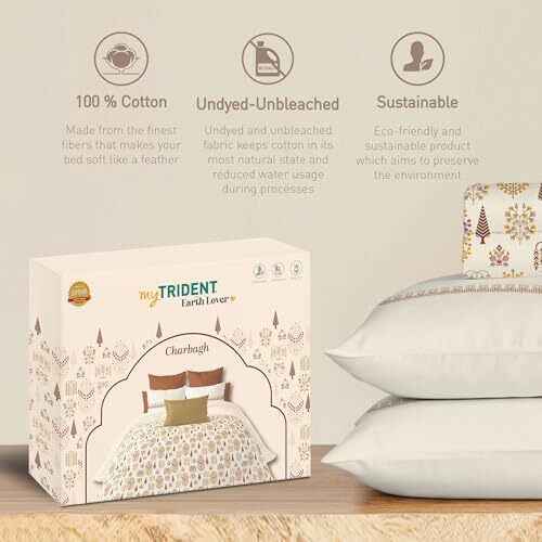 Trident Earth Lover King 3-Piece Bedsheet Set, 100% Cotton, Bedsheet For Double Bed (1 King Size Bedsheet With 2 Pillow Covers) Superior Softness, 144 Thread Count, Charbagh