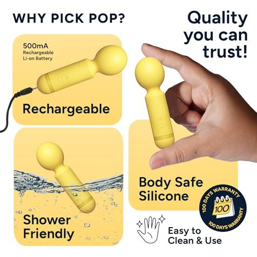 Mymuse Pop Mini Massager, Cordless Electric Machine, 10 Modes, Full Body Personal Wand Massage, Usb Rechargeable, Waterproof, Perfect For Gifting, 150 Day's Warranty - Lemon Tart