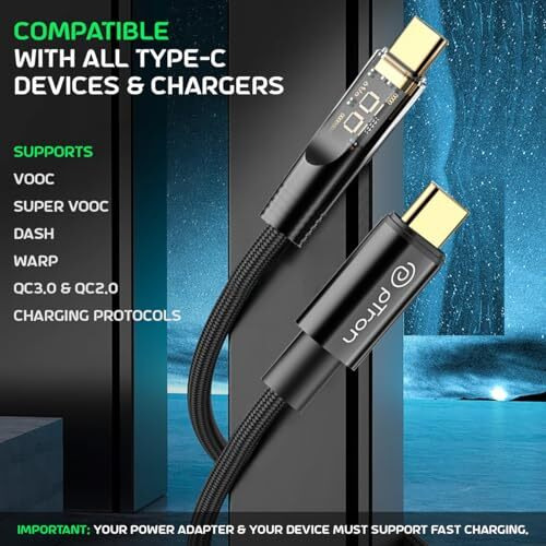 Ptron Solero 80W Type-C To Type-C Fast Charging Usb Cable, Compatible With Samsung, Oneplus, Oppo, Vivo,Xiaomi & Other Devices, Unbreakable Nylon Braid & 480Mbps Data Sync Speed (1M, Jet Black)