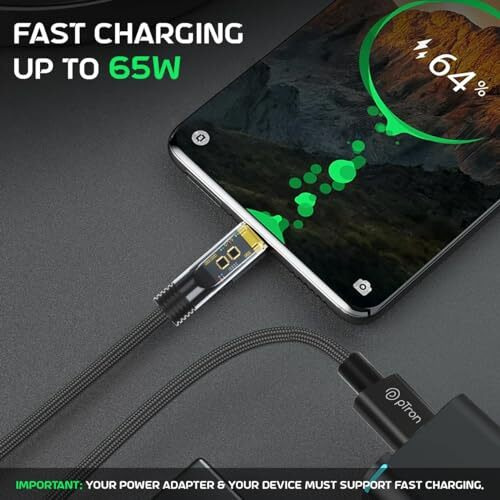 Ptron Solero 65W Usb To Type-C Super Fast Charging Usb Cable Compatible With Samsung,Oneplus,Oppo,Vivo,Xiaomi,Realme & Other Type-C Devices, Unbreakable Nylon Braid, 480Mbps Data Sync (1M, Jet Black)
