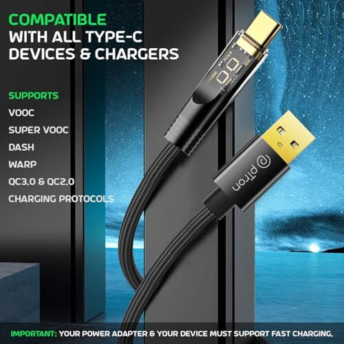 Ptron Solero 65W Usb To Type-C Super Fast Charging Usb Cable Compatible With Samsung,Oneplus,Oppo,Vivo,Xiaomi,Realme & Other Type-C Devices, Unbreakable Nylon Braid, 480Mbps Data Sync (1M, Jet Black)