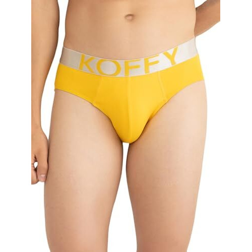 Koffy MenS Yellow Flexible Cotton Lycra Mini Trunk With Minus Cutting Pouch Design And Moisture-Wicking Features (Size Medium)