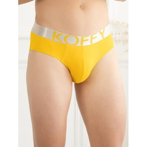 Koffy MenS Yellow Flexible Cotton Lycra Mini Trunk With Minus Cutting Pouch Design And Moisture-Wicking Features (Size Medium)