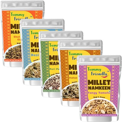 Tummy Friendly Millet Namkeen Mixture For Kids &Adults. Healthy Snacks Items Namkeen For Kids, Adults, Pregnant Women, Diabetics. Healthy Snacks For Diabetics. Healthy Namkeen Snacks For Gift. No Chemicals, No Preservatives - Millet Snacks Assorted Combo Pack, 5 Packs, 70G Each