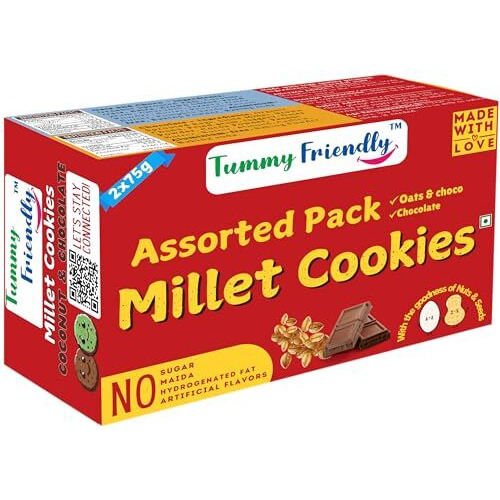 Tummyfriendly Foods Millet Chocolate Cokies And Oats Cookies. Healthy Millet Biscuits For Babies, Kids, Adults. Ragi Jaggery Biscuits. Healthy Snacks For Kids - 2X75 Grams