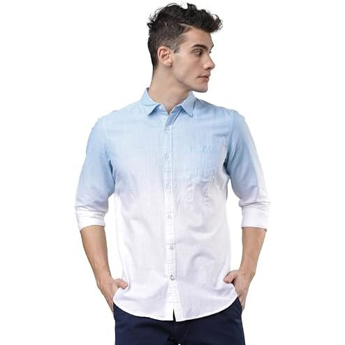 Highlander Men's Printed Slim Fit Shirt (Hlsh011427_Blue/White