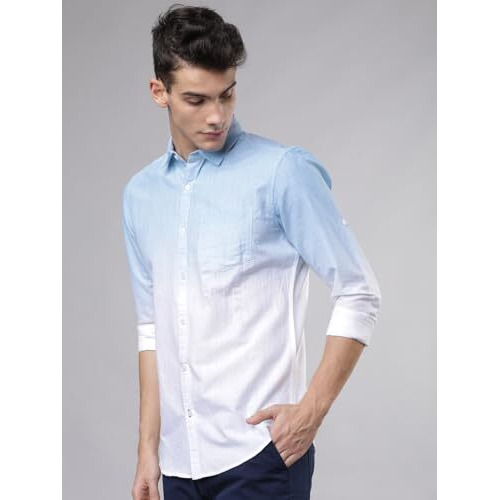 Highlander Men's Printed Slim Fit Shirt (Hlsh011427_Blue/White