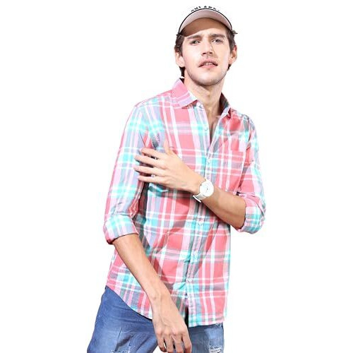 Highlander Men's Checkered Slim Fit Shirt (Hlsh011444_Coral/White
