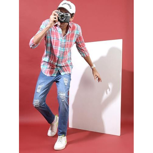 Highlander Men's Checkered Slim Fit Shirt (Hlsh011444_Coral/White