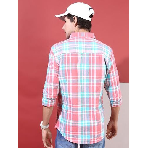 Highlander Men's Checkered Slim Fit Shirt (Hlsh011444_Coral/White