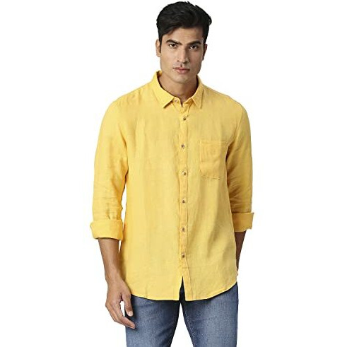 Pepe Jeans Linen Men's Regular Fit Solid Shirts Yellow, Small
