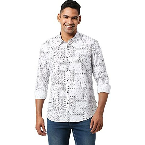 Pepe Jeans Men's Regular Fit Printed Shirts White