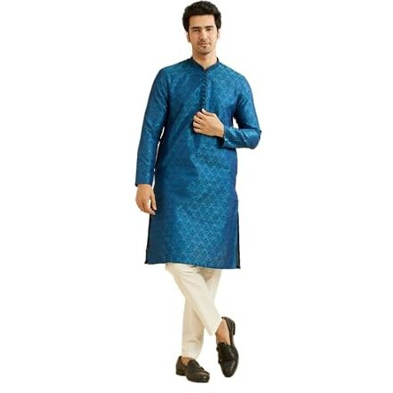 Manyavar Elegant Embroidered Knee Long Full Sleeves Kurta Pyjama Set For Men - (Blue, Large)