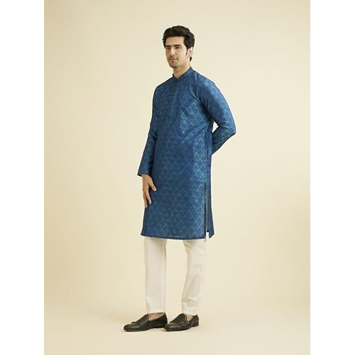 Manyavar Elegant Embroidered Knee Long Full Sleeves Kurta Pyjama Set For Men - (Blue, Large)
