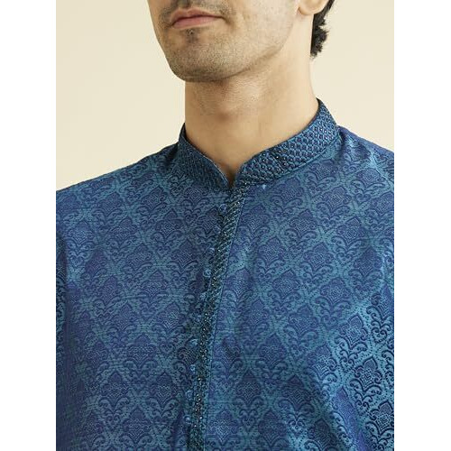 Manyavar Elegant Embroidered Knee Long Full Sleeves Kurta Pyjama Set For Men - (Blue, Large)