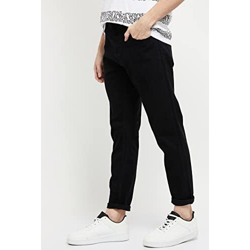 Max Men's Ankle Length Solid Carrot Fit Mid Rise Jeans (Black_34)